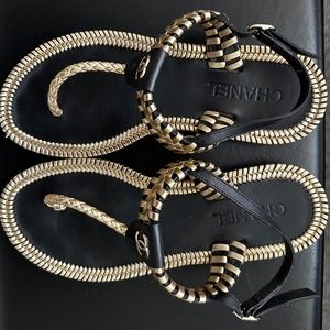 CHANEL Metallic Calfskin Braided Thong Sandals